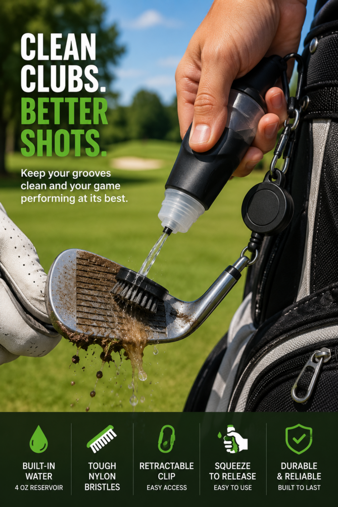Golf club being cleaned with a water-filled brush on the golf course
